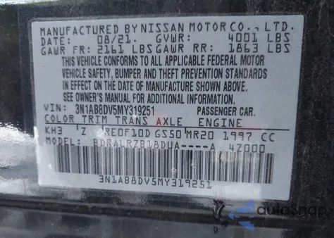 2021 Nissan Sentra Sr Xtronic Cvt z USA, uszkodzony, nr VIN 3N1AB8DV5MY319251